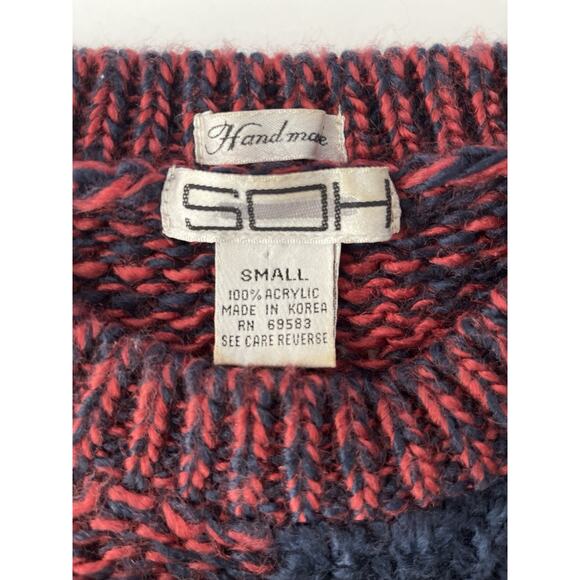 VTG SOH Chunky Sweater Men S Red Blue Cable Knit Cabincore Grandpa Handmade - Picture 2 of 8